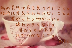 私の長所は君を見つけたこと。
短所は君を忘れられないこと。
若かった。怖かった。
嫌われたくない。
甘えとわがまま
区別つかなくて。