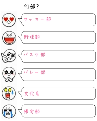 何部？
サッカー部
野球部
バスケ部
バレー部
文化系
帰宅部